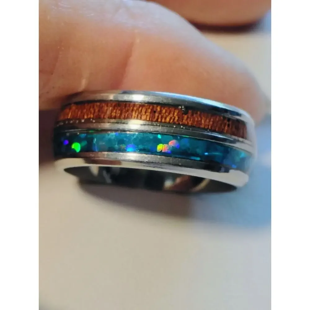 Blue Opal Koa Wood Inlay Comfort Band Ring Size 7